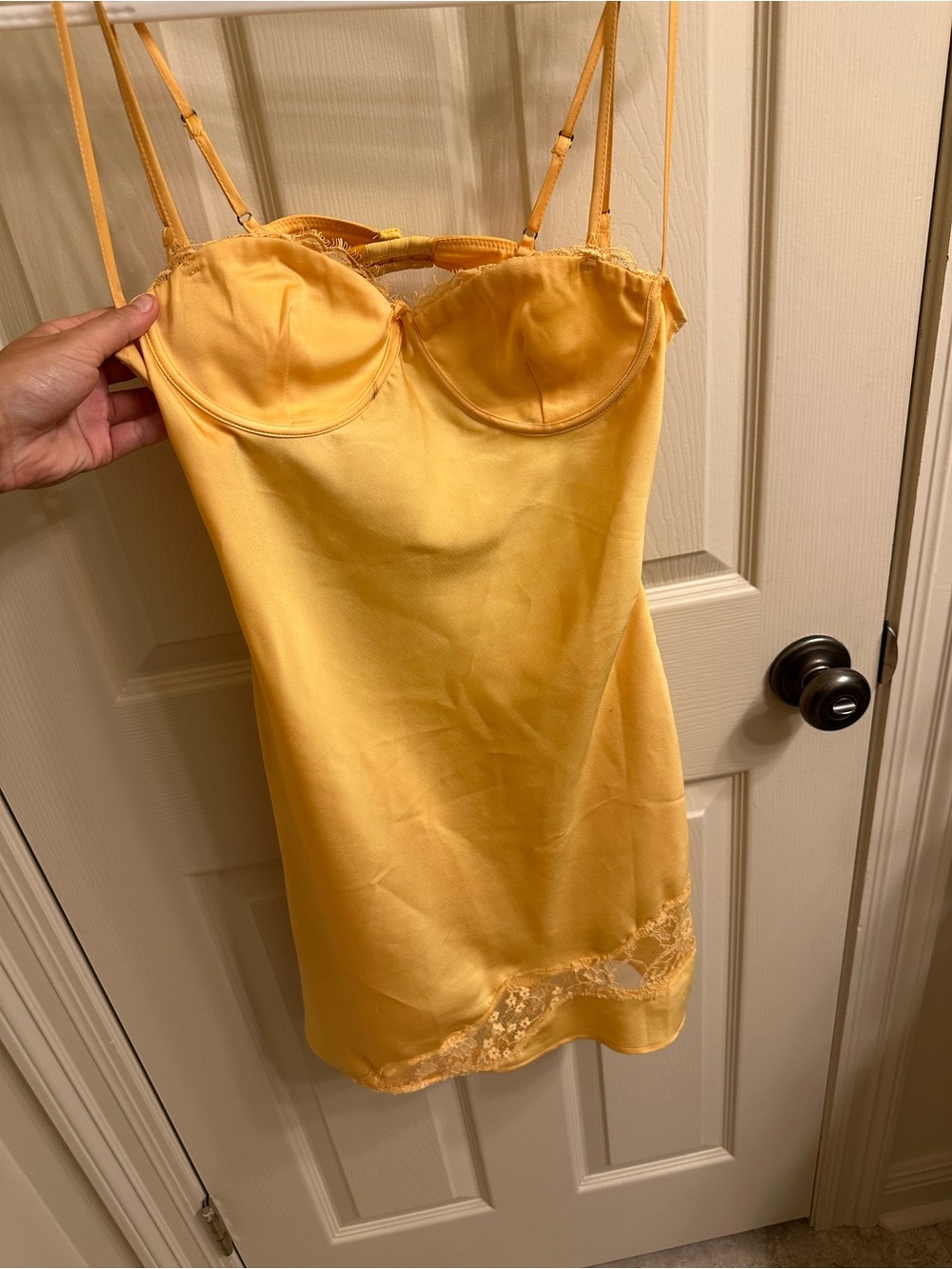 Meshki Yellow Satin Slip Dress with Lace Hem